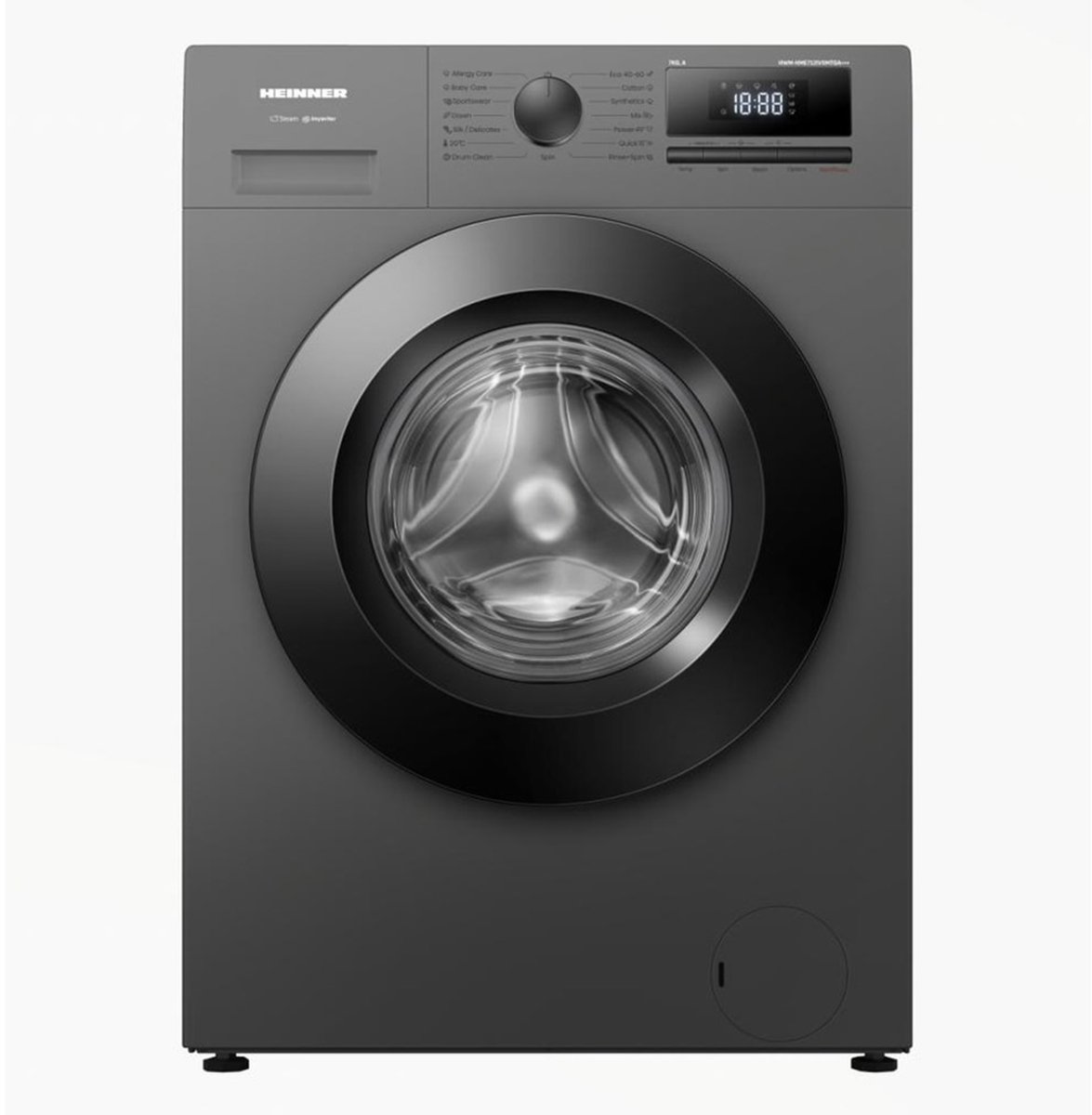 Heinner HWM-HME712IVSMTGA+++ Wasmachine – 7 kg – 1200 RPM – Energieklasse A – Inverter Motor – 15 Programma’s – Stoomprogramma’s – 15 Min Snelprogramma – Digitaal Display – Kinderslot – Titaniumgrijs