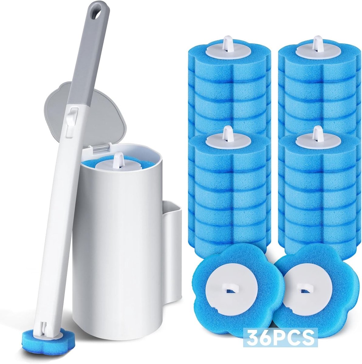 Vervanging voor wegwerp-toiletborstel - Blauw en Wit - 1 emmer + 36 borstelkoppen - Spons en ABS - Voor grondige badkamerreiniging