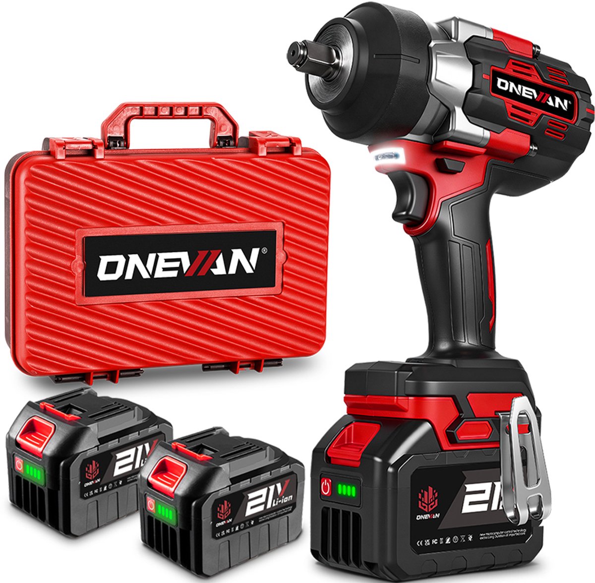 ONEVAN Accu Slagmoersleutel - 2800 Nm - Slagmoersleutelset - Borstelloze Slagmoersleutel - met 2x 6.0Ah Accu’s - voor zware projecten