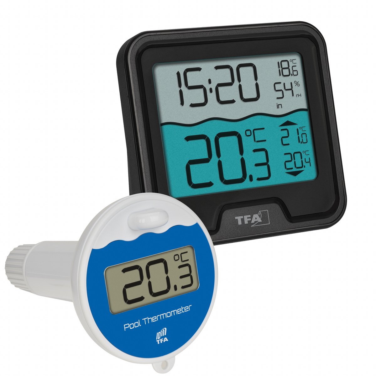 TFA MARBELLA 2 30.3077 – Draadloze Zwembadthermometer – Watertemperatuur, Binnenklimaat & Radiogestuurde Klok