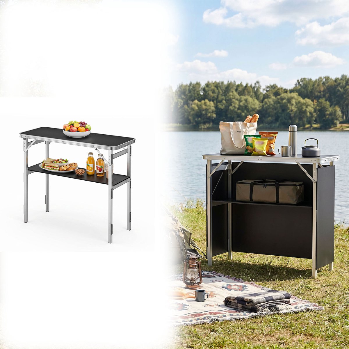 Aufun Draagbare, Inklapbare Tafel – Zwart – 97.5 x 38 x 85 cm – Frame Van Aluminiumlegering – Inclusief Opbergplank En Draagtas – Geschikt Voor Kamperen, Markten, Familiebijeenkomsten En Meer.