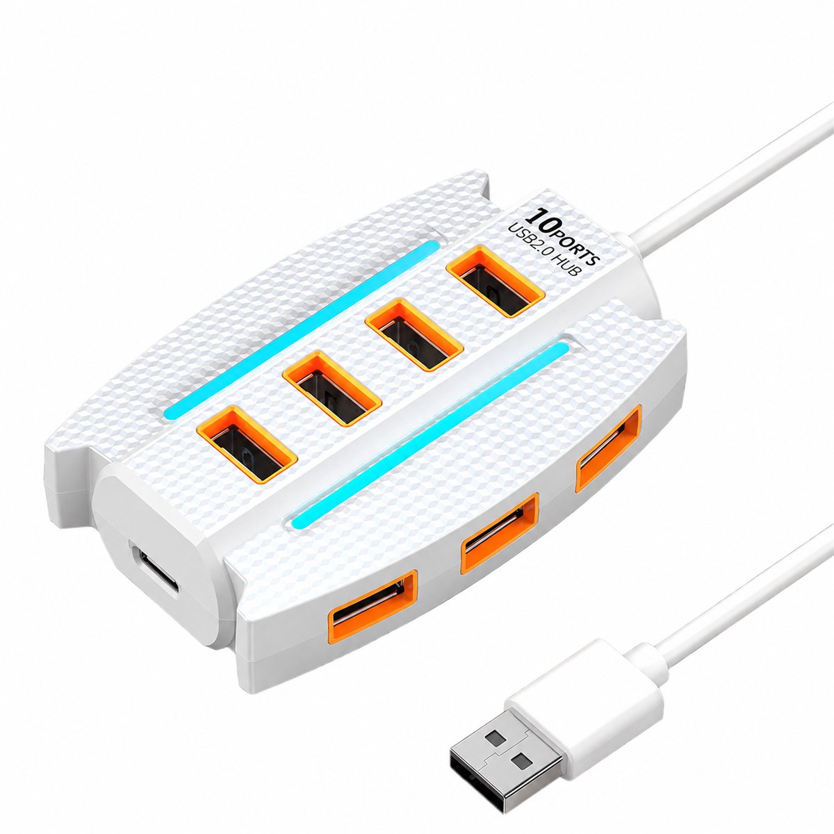 casalora – 10 Port USB 2.0 Hub mit 1,2 m Kabel – USB Verteiler mit Stromversorgung – Mehrfach USB Adapter für PC, Laptop, Gaming & Geräte – Wit