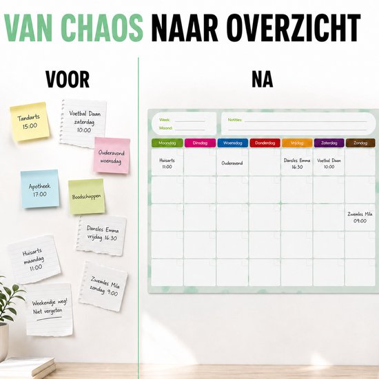 Vergelijking van chaos met notities voor en overzicht met magnetische weekplanner.