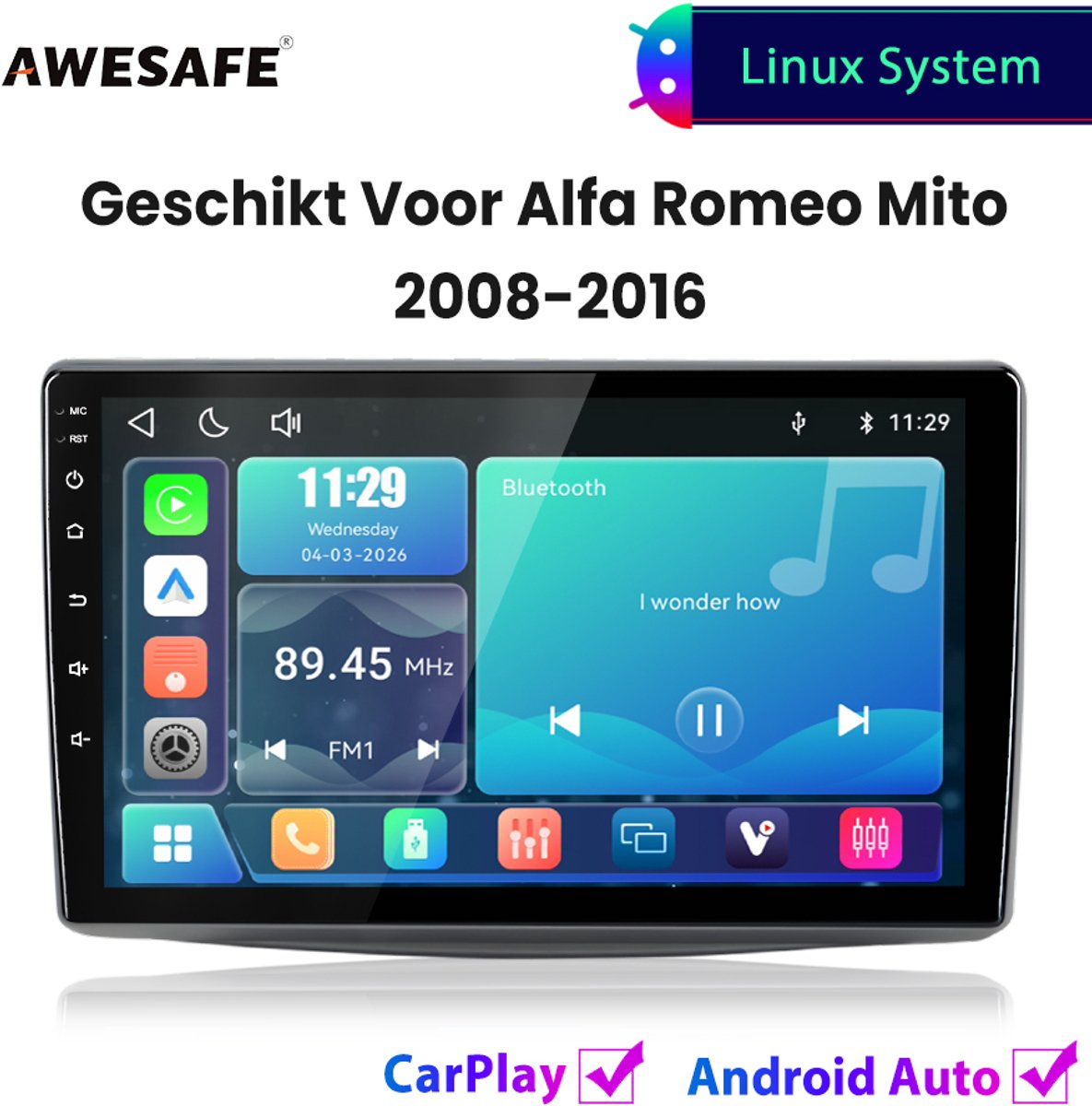 Awesafe Autoradio - Geschikt Voor Alfa Romeo Mito 2008 t/m 2016 - Draadloos Carplay Android Auto - Linux systeem - Touchscreen - Bluetooth Wifi - 2008 2009 2010 2011 2012 2013 2014 2015 2016