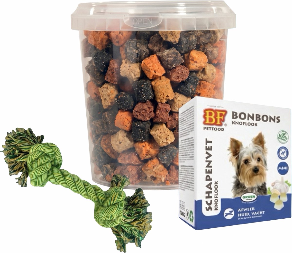 Combideal: BF Schapenvet Knoflook Mini-Bonbons + Mixtrainers Emmer 850 ml + Stevig flostouw
