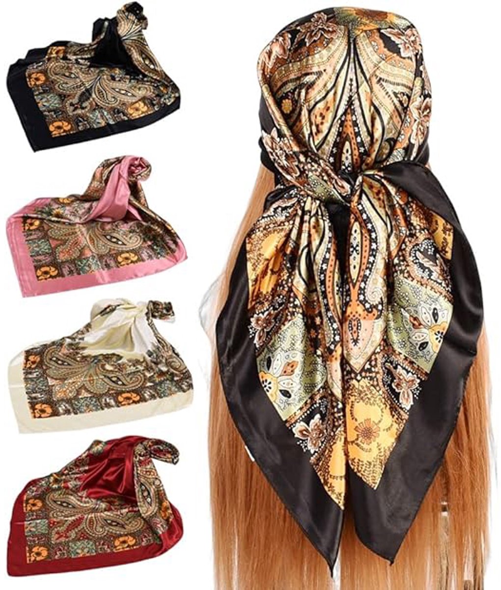 Hoofddoek Turban - Zijdensjaal hoofddoeken - Hoofd Sjaal - Grote vierkante satijnen haarsjaal - Modeaccessoire - Zonbeschermende hoofddoek/wikkeldoek/haarband - 90×90cm - 4 stuks