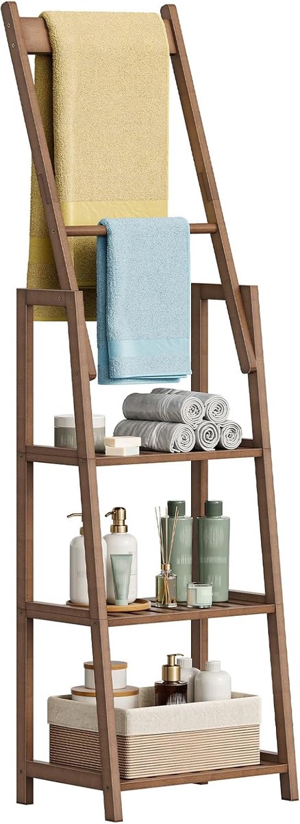 Home & Beyond® Handdoekrek - Vrijstaande Handdoekladder met 3 Planken - Bamboe Opbergrek - Mokka