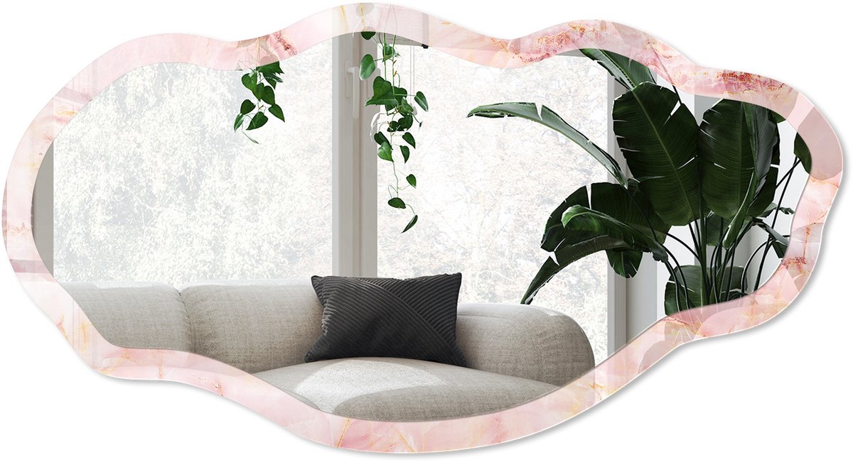 Wallfluent Roze Marmer Spiegel - Roze Stijlvolle Wandspiegel - Organische Spiegel - Slaapkamer, Badkamer, Woonkamer - Abstract - 45x90 cm - Totale afmeting 52x97 cm