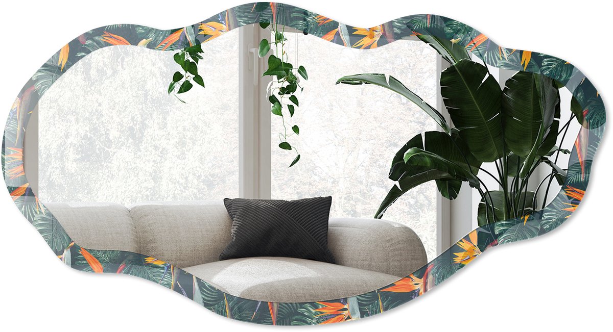 Wallfluent Tropisch Patroon Spiegel - Groen Moderne Rechthoekige Wandspiegel - Organische Spiegel - Woonkamer - Illustratief - 45x90 cm - Totale afmeting 52x97 cm