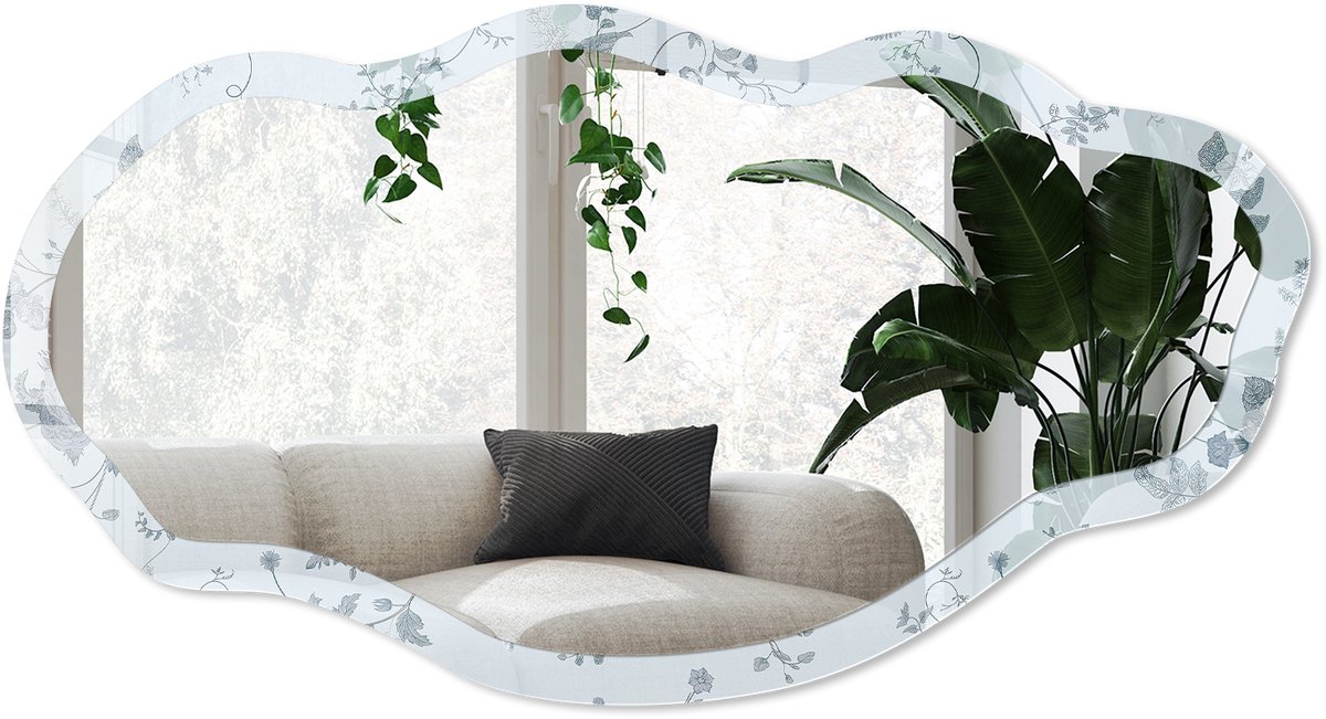 Wallfluent Botanische Bloemen Spiegel - Blauw Rechthoekige Spiegel Met Modern Design - Organische Spiegel - Slaapkamer, Woonkamer, Hal - Klassiek - 45x90 cm - Totale afmeting 52x97 cm