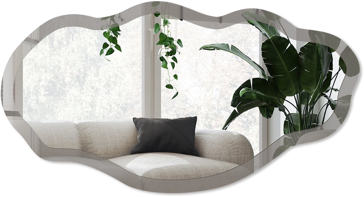 Wallfluent Donkergrijs Spiegel - Blauw Rechthoekige Spiegel Met Modern Design - Organische Spiegel - Woonkamer - Minimalistisch - 45x90 cm - Totale afmeting 52x97 cm