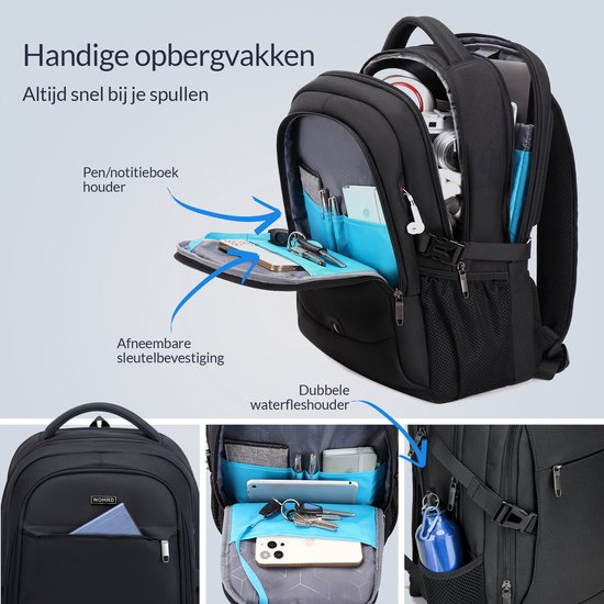 Zwarte rugzak met blauwe voering, open vakken tonen pennen, notitieboek, telefoon, sleutels en een flesje. Tekst: 'Handige opbergvakken', 'Pen/notitieboek houder', 'Afneembare sleutelbevestiging', 'Dubbele waterfleshouder'.