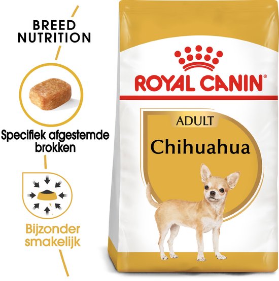 Zak Royal Canin Chihuahua Adult hondenvoer, met een Chihuahua erop afgebeeld.