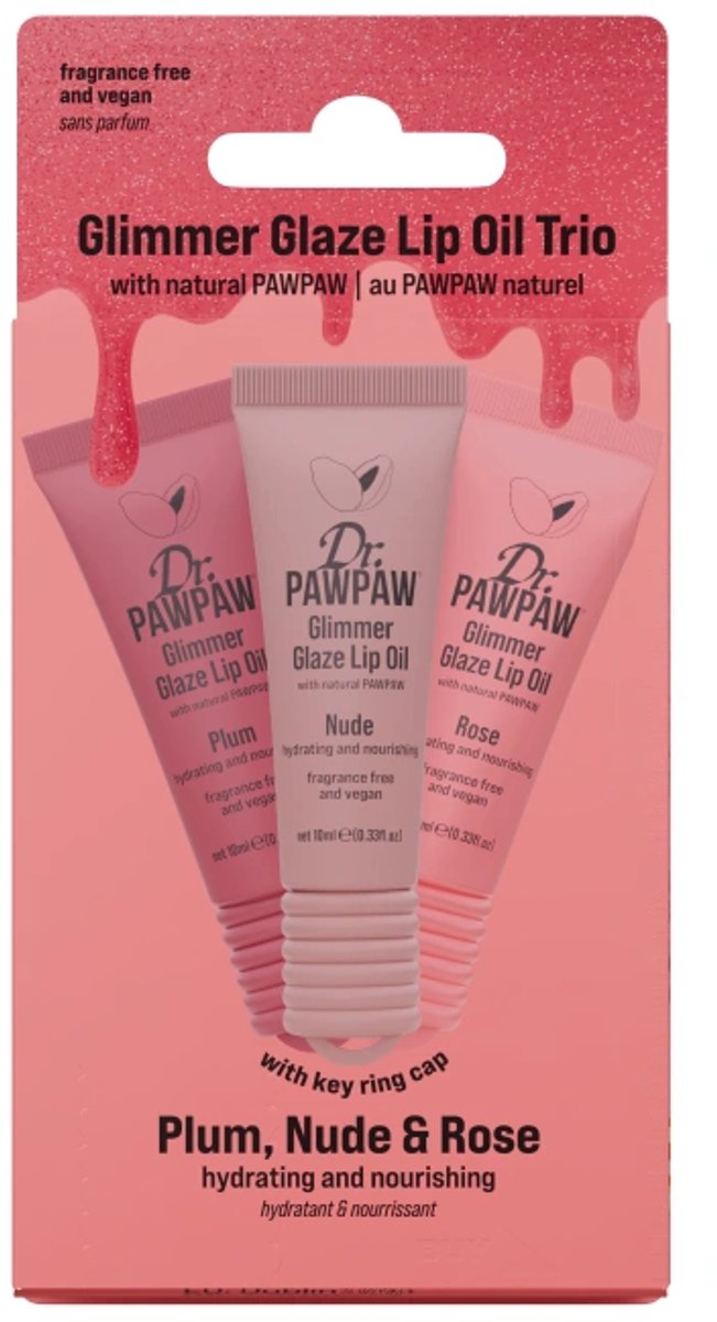 Dr PawPaw Glimmer Glaze Lip Oil Plum, Nude en Rose Trio / Set van 3 getinte en glinsterende lippenoliën 3x 10 ml