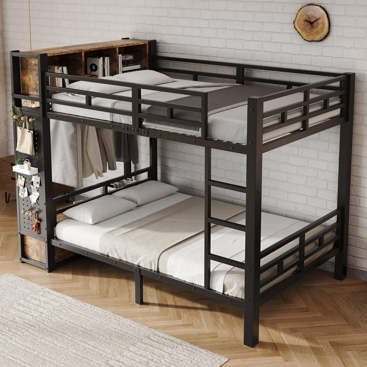 OKWISH Stapelbed 120x200 Cm Met Opbergruimte, Kleerhanger, Lade, Perforatiepaneel En Open Vakken Voor Kinderkamer, Metaal Hout, Zwart Zonder Matras