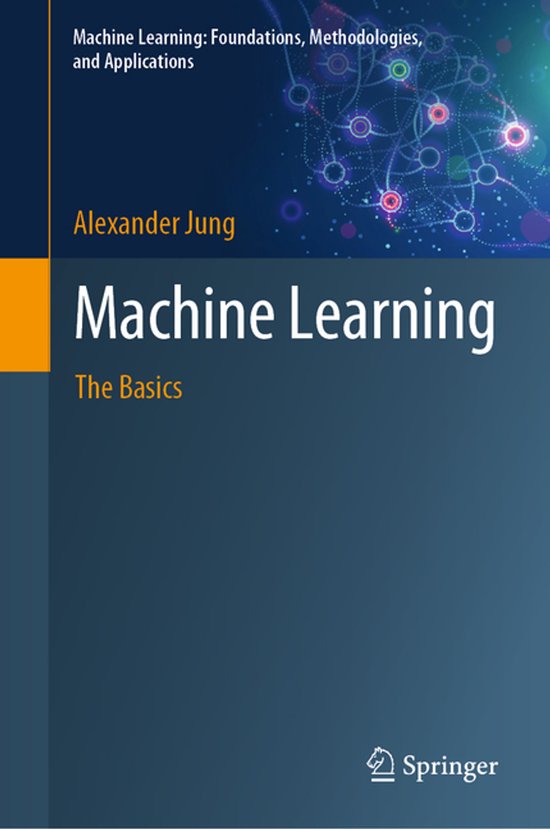 Boek 'Machine Learning: The Basics' van Alexander Jung, met een blauwe omslag en een illustratie van verbonden lichtpuntjes.