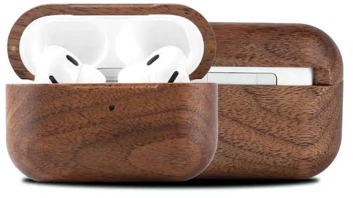 Luxe Walnoothout Hoesje voor AirPods Pro 3 + Leren Draagkoord – Magnetisch Ontwerp – Shockproof – Uniek Natuurlijk Houtpatroon – Eco‑vriendelijk Premium Hoesje