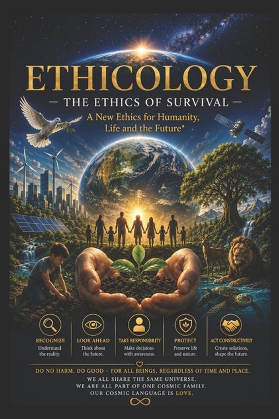 Poster Ethicology: Aarde met mensen, natuur en tekst over ethiek, overleven en liefde als kosmische taal.