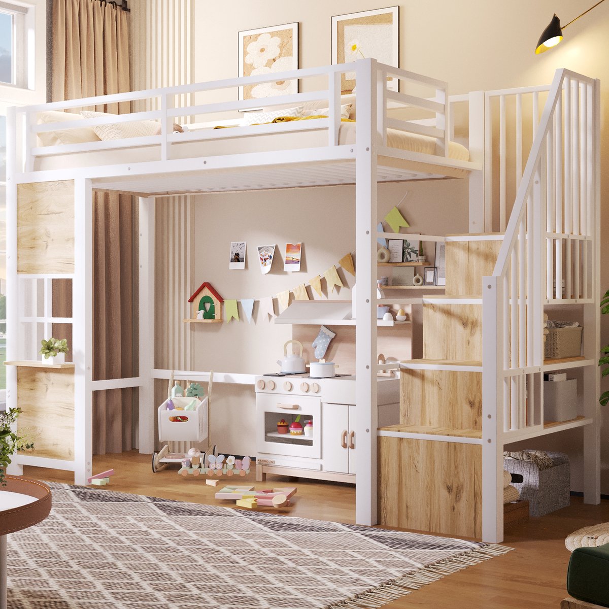 OKWISH Hoogslaper 90x200 Cm - Hoogslaper Met Trap En Opbergruimte - Met Veiligheidshekken - Kinderkamer - Metaal En MDF - Wit - Zonder Matras