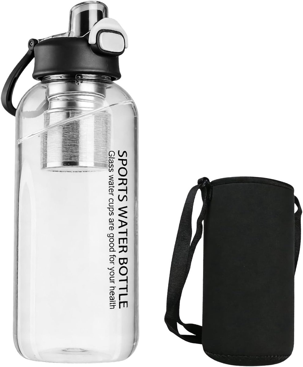 Glazen Waterfles met Zeef - Zwart - 1,5 Liter - Borosilicaatglas met Roestvrijstalen Filter - Voor Sport, Kantoor en Outdoor