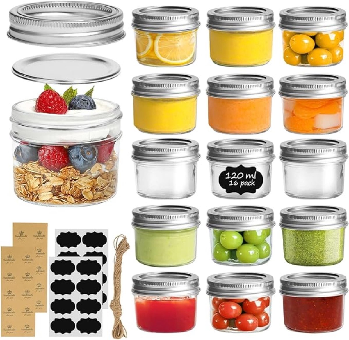 Mason Jars Glazen Potjes 120 ml met Deksel, 16 stuks - Mini Weckpot voor Jam, Yoghurt, Desserts, Gepersonaliseerde Bedankjes met Etiketten en Touw