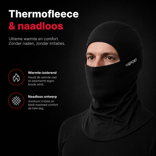 Model met zwarte bivakmuts en helm. Tekst "Thermoleefce & naadloos". Iconen "warmte-isolerend" en "naadloos ontwerp".