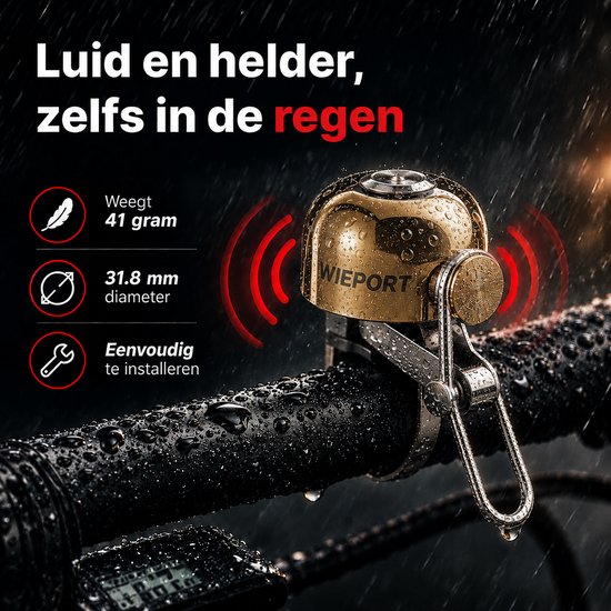 Gouden fietsbel, 31,8 mm diameter, 41 gram, luid en helder, ook in de regen. Eenvoudig te installeren.