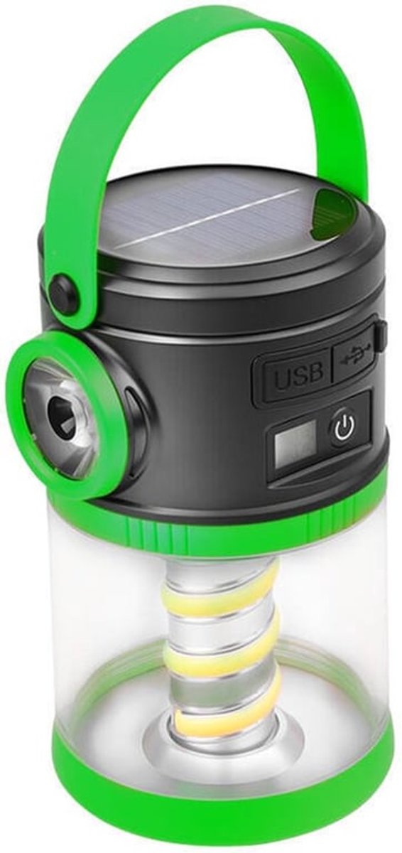 Campinglamp op zonne-energie met batterij-indicator, multifunctionele buitenverlichting, tentlamp, lantaarn met meerdere lichtbronnen - groen