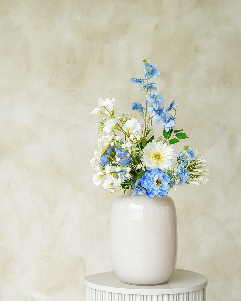 Fan of Flowers Celeste - Zijden Boeket Bloemen - Kunstbloemen Veldboeket - Azuurblauw, Wit & Frisgroen - 70 cm - Real-Touch Nepbloemen Hemelsblauw