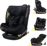 Zwart MamaLoes autostoeltje met 360° draaibare Isofix-basis, hoofdsteun en vijfpuntsgordel.