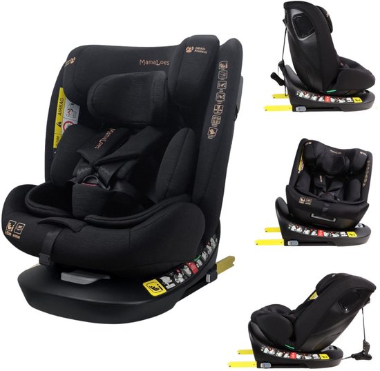 Zwart MamaLoes autostoeltje met 360° draaibare Isofix-basis, hoofdsteun en vijfpuntsgordel.