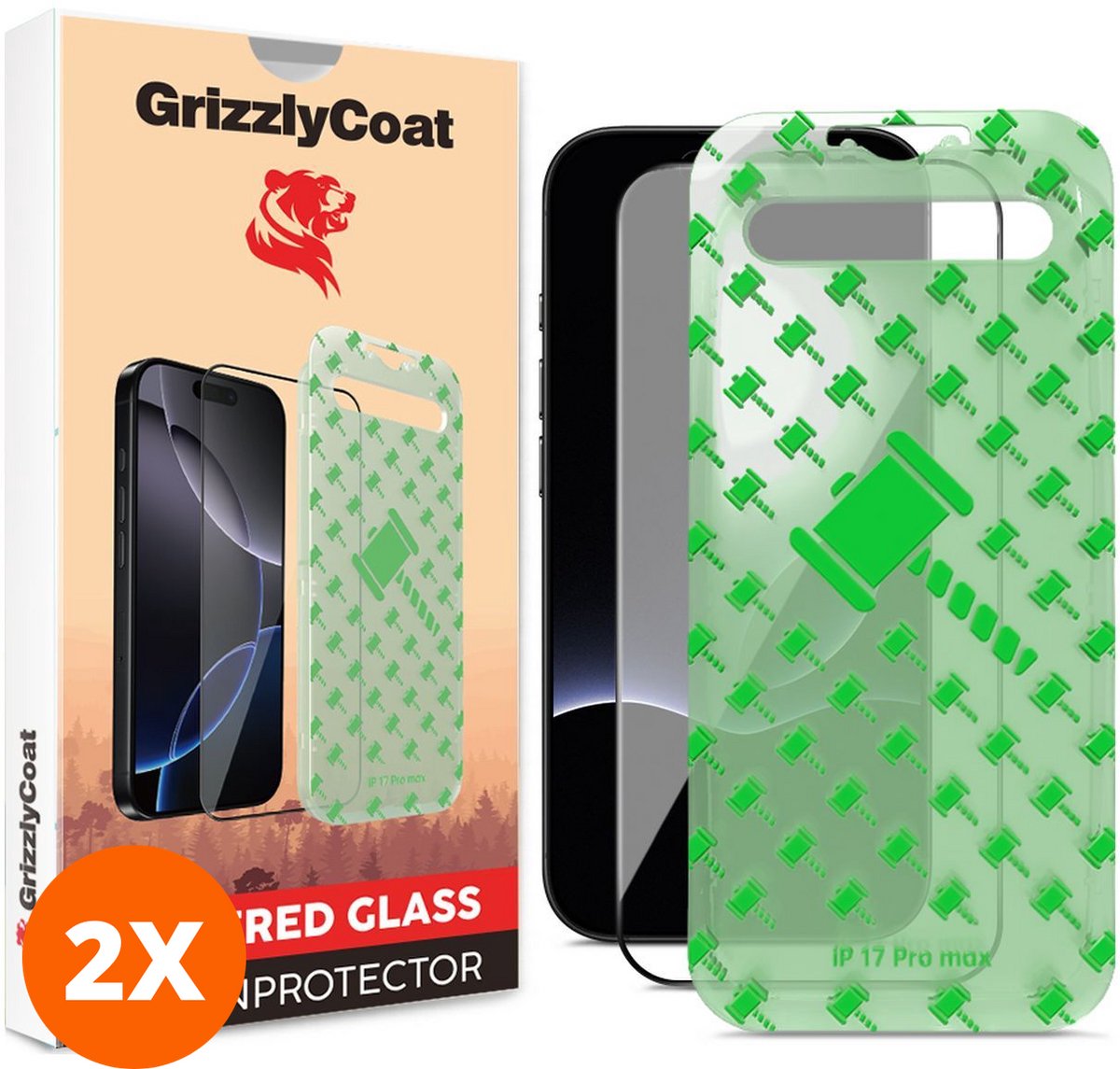 GrizzlyCoat Screenprotector geschikt voor Apple iPhone 17 Pro Max Glazen | GrizzlyCoat Easy Align Screenprotector - Case Friendly + Installatie Frame (2-Pack)