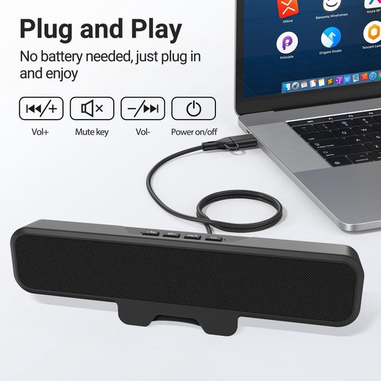 Mini soundbar - Zwart - 24,8 x 3,2 x 4,7 cm - USB Plug-and-Play Desktopluidspreker met Clip Mount - Voor Computergebruik van MINI — afbeelding 4