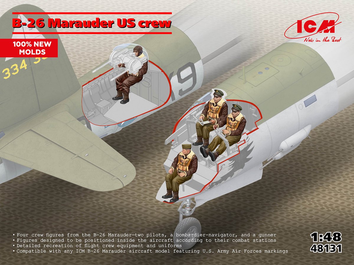 ICM Modelbouwpakket Militaire voertuigen - 48131 Martin B-26 Marauder Crew - U.S. Army Airforces - 4 Figuren Plastic - 1:48 - Modelbouw