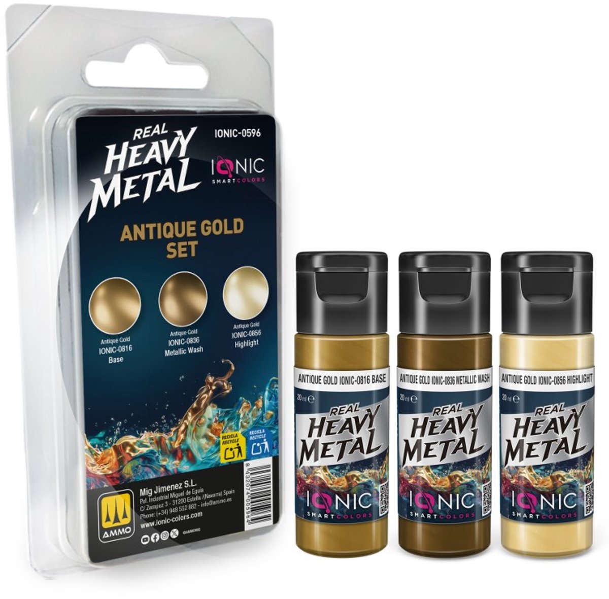AMMO by Mig Jimenez Hobbyverf Acrylverf - MIG IO0596 Ionic Smart Colors - Real Heavy Metal - Antiek Goud Kleurenset - Acryl Set 3x20 ml Verf set - 3x 20 ml