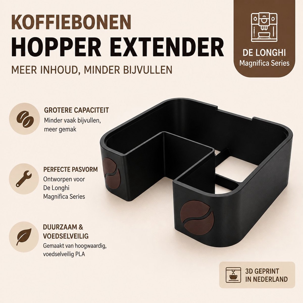 Koffiebonen Hopper Extender - Koffiemachineonderdelen - Bonenreservoir Verlengstuk - Met Koffieboon Design - Grotere Capaciteit - De’Longhi Magnifica Evo - 3D-geprint - Zwart