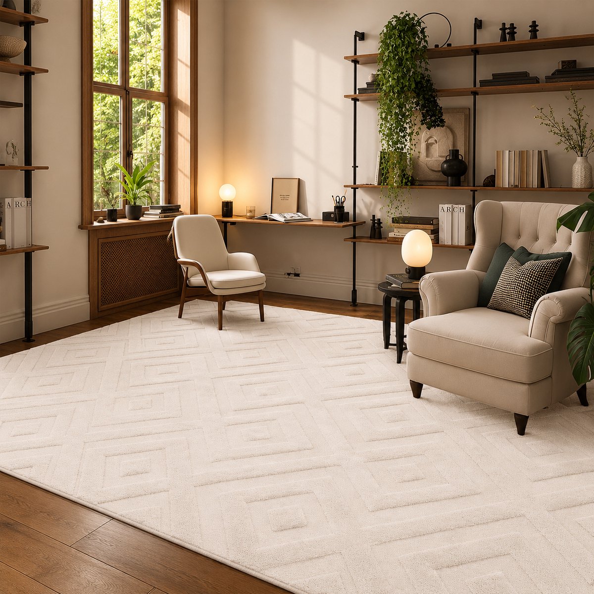 Vloerkleed Beige 140x200 cm - Wasbaar Antislip Soft Loper - Modern Geometrisch