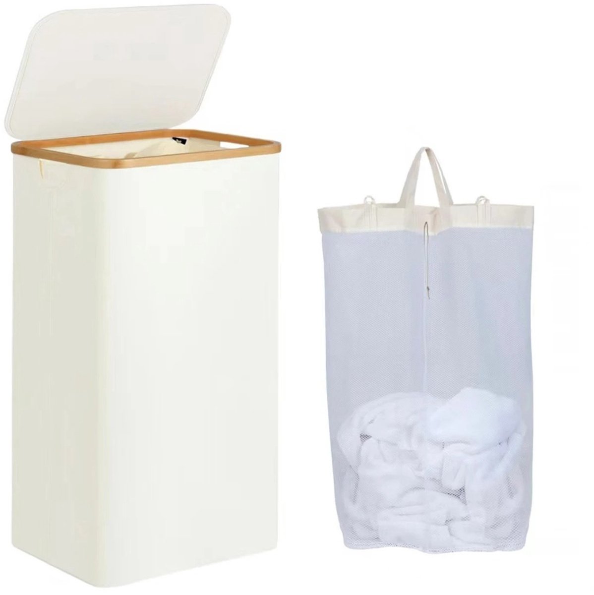 Noventra - Wasmand 100 Liter - Wasmand met Deksel - Wasmand met Waszak - Bamboe Rand - Opvouwbaar - Wasgoed Wasmand - Kledingmand - Wasmand Badkamer - Wit