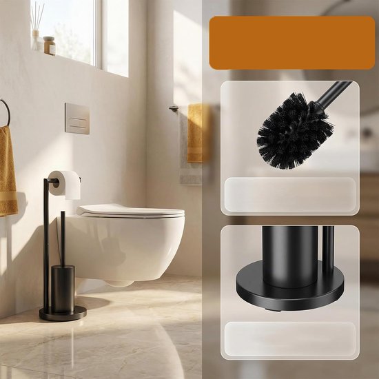 Zwarte toiletrolhouder met toiletborstel naast een toilet.