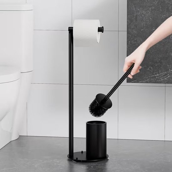 Zwarte toiletrolhouder met toiletborstel in een badkameromgeving.