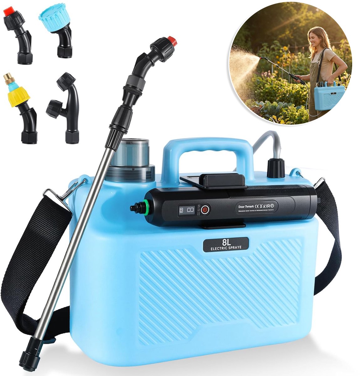 Elektrische Tuinsproeier 8L - 3 Snelheden 4 Multifunctionele Sproeikoppen Roestvrijstalen Sproeistang - 2000mAh Oplaadbare Batterij Filterkop - Voor Water Geven, Bemesten En Onkruid Wieden