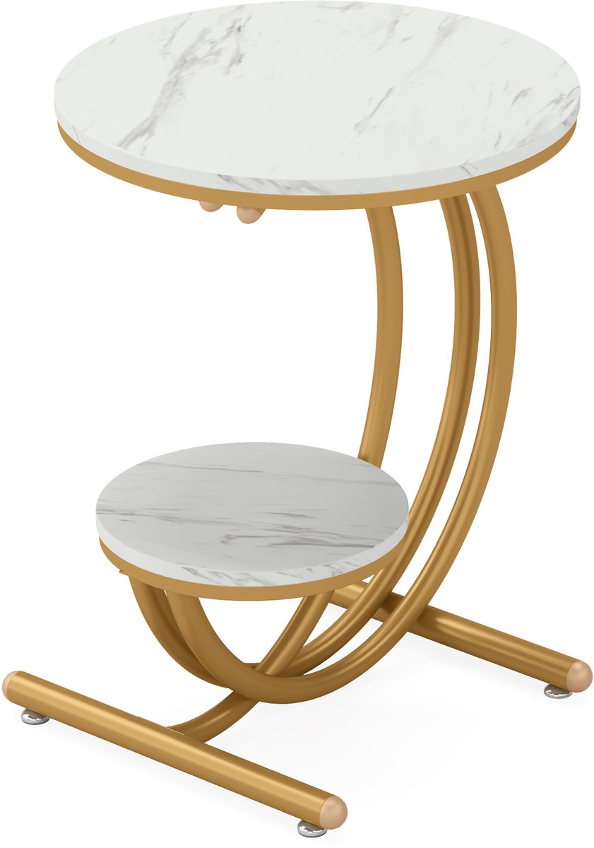 Mura Salontafel - Nachtkastje - Bijzettafel - Tafeltje - Koffietafel - Banktafel - Marmerlook Design - 2 Niveaus - Rond Blad - Wit