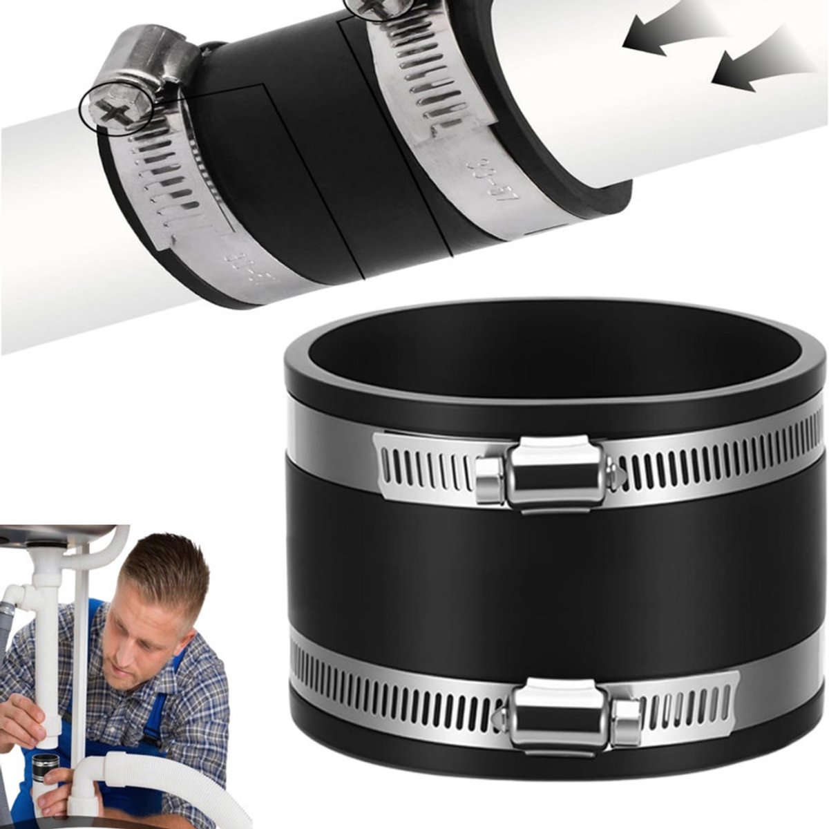 Flexibele rubberen koppeling 150 mm – 150 x 160 x 70 mm – Rubberen koppeling met twee roestvrijstalen klembanden – Geluidsisolerende klembanden – Geurvrije buisverbinding – Geschikt voor luchtkanalen, ventilatorleidingen en stalen buizen