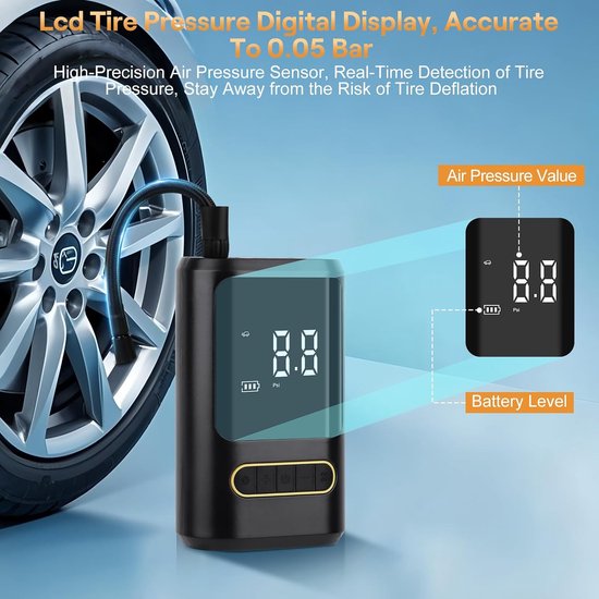 Draagbare Elektrische Luchtpomp 150 PSI, 4000 mAh Oplaadbare Accu Fietspomp, Compatibel met Alle Ventielen, Ingebouwde LED Verlichting, Mini Luchtcompressor voor Fiets, E-bike, Auto, Motor en Sportballen — afbeelding 3