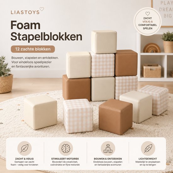 LiasToys® Foam Stapelblokken 12-delig - Zachte Speelblokken - Baby Speelgoed 6 maanden - Educatief Speelgoed - Stapeltoren - Bouwblokken - Foam Blokken - Montessori Speelgoed - Sensorisch Speelgoed Baby van LiasToys — afbeelding 2