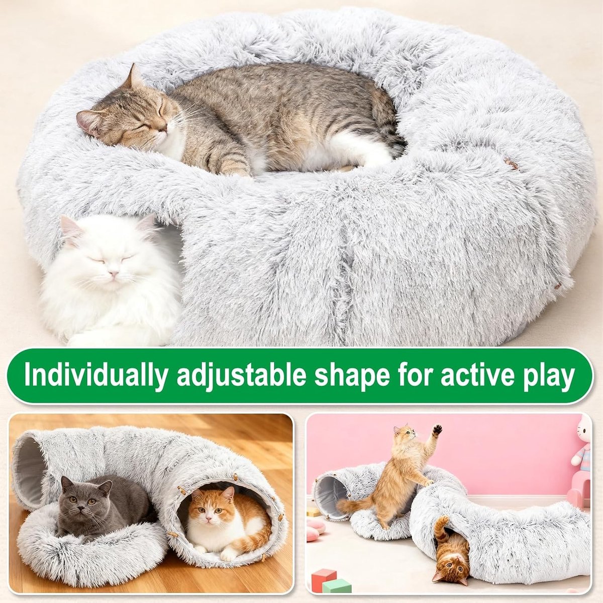Voerpuzzel voor kat - Grijs - 85 x 85 x 26 cm - Pluche kattentunnel met kattenbed - Voor indoor katten