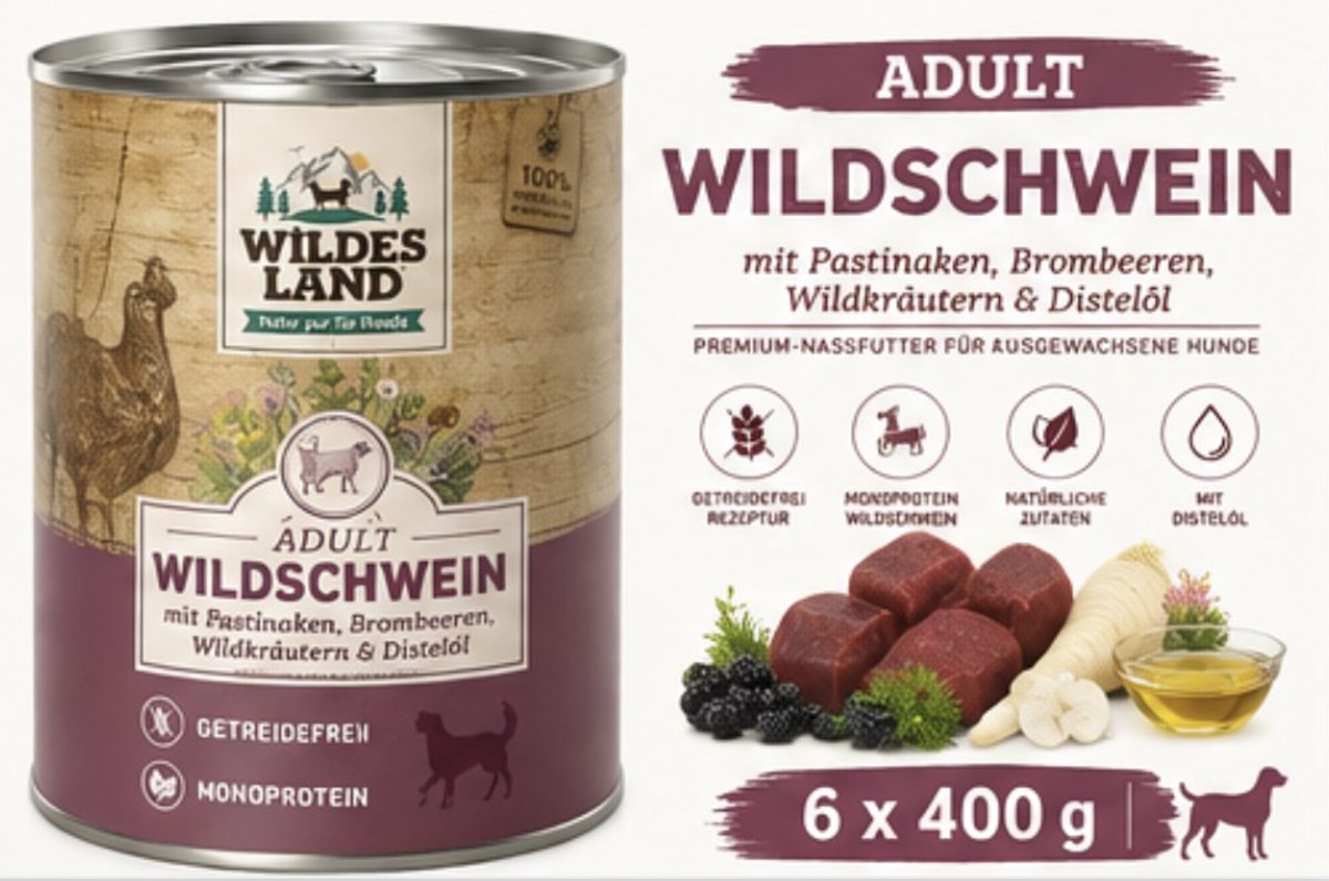 Wildes Land Wildes Land Dog Can Classic Wild Zwijn met Pastinaak - 6 x 400 g