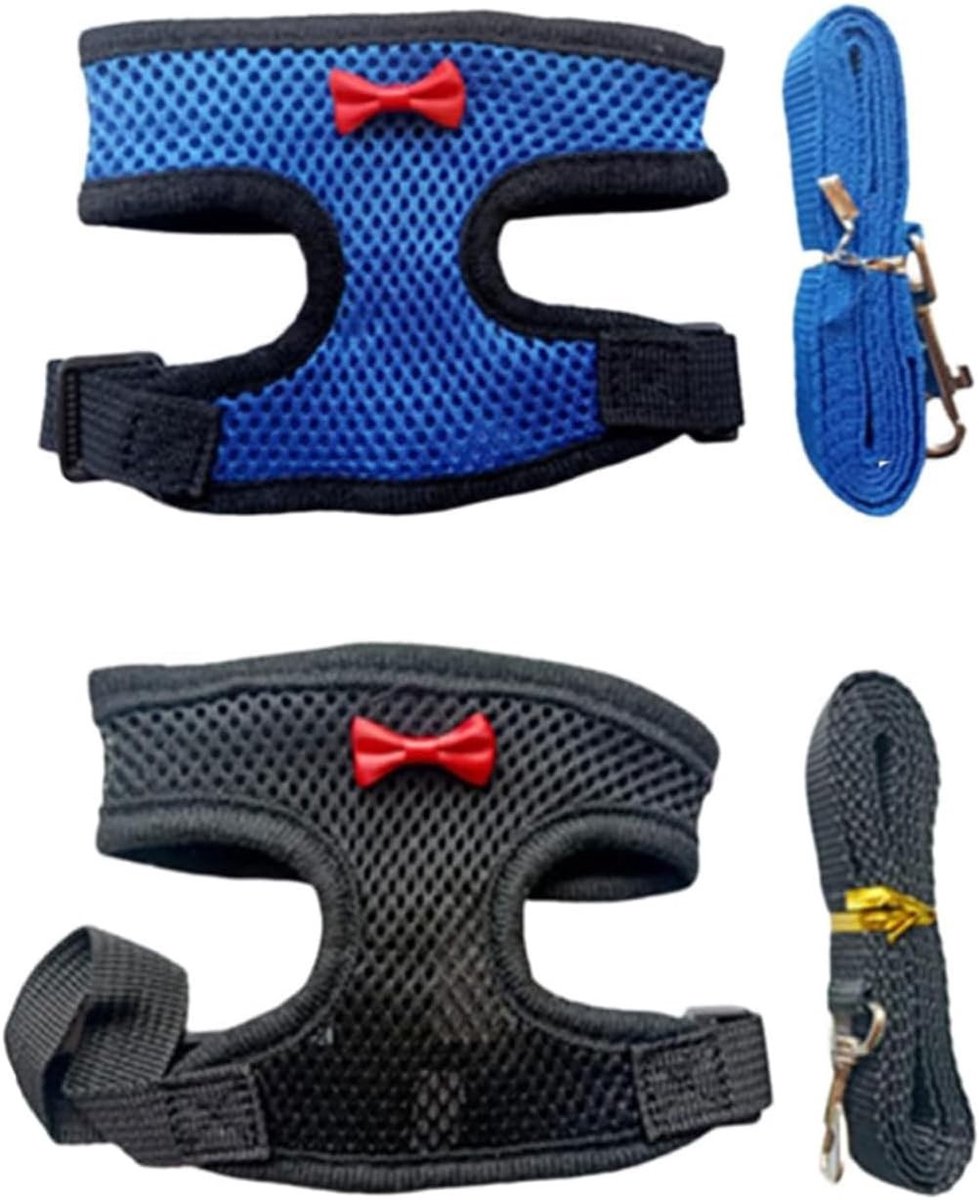Vogelharnas voor huisdieren - Zwart + Blauw - 30-38 cm - Verstelbaar Nylon Mesh Harnas met Riem - Voor Kleine Huisdieren