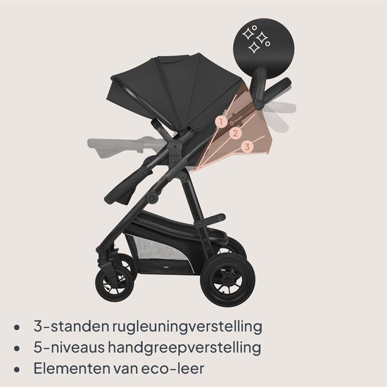 Gedetailleerde weergave van een zwarte kinderwagen, met verstelbare rugleuning, duwstang en eco-lederen elementen.