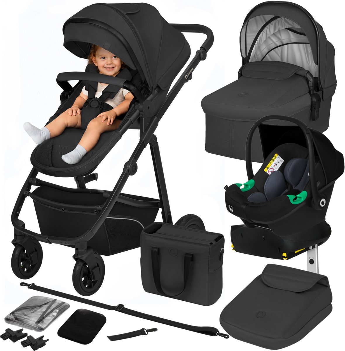 Lionelo Bianka - Kinderwagen 4 in 1 - incl. Autostoel & ISOFIX Basis - 0-22kg - XXL - Buggy 4in1 - Verstelbare Duwstang - Opvouwbaar - Accessoireset - XXL Zonnekap - Gelagerde Wielen - Reiswieg - Volledige Vering